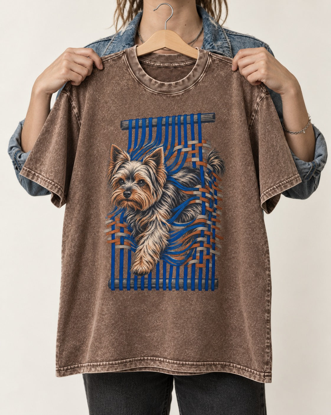 Yorkshire Terrier Unbound Washed Tee in Coffee, held up on a hanger