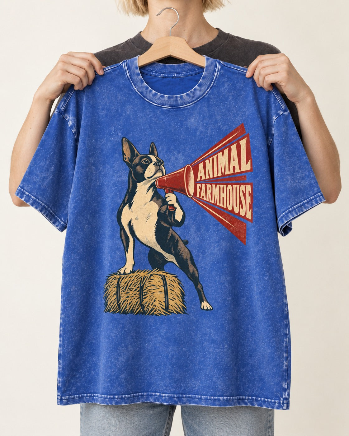 Animal Farmhouse Boston Terrier Washed Tee in Royal Blue, held up on a hanger