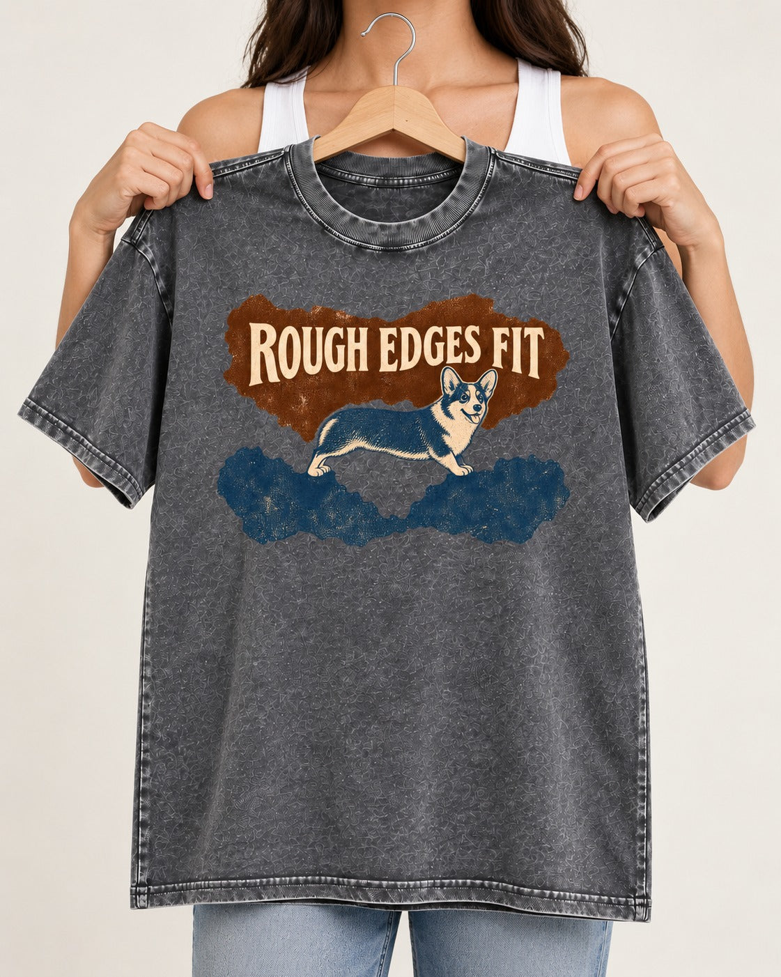 Corgi's Rough Edges Fit Washed Tee in Gray, held up on a hanger