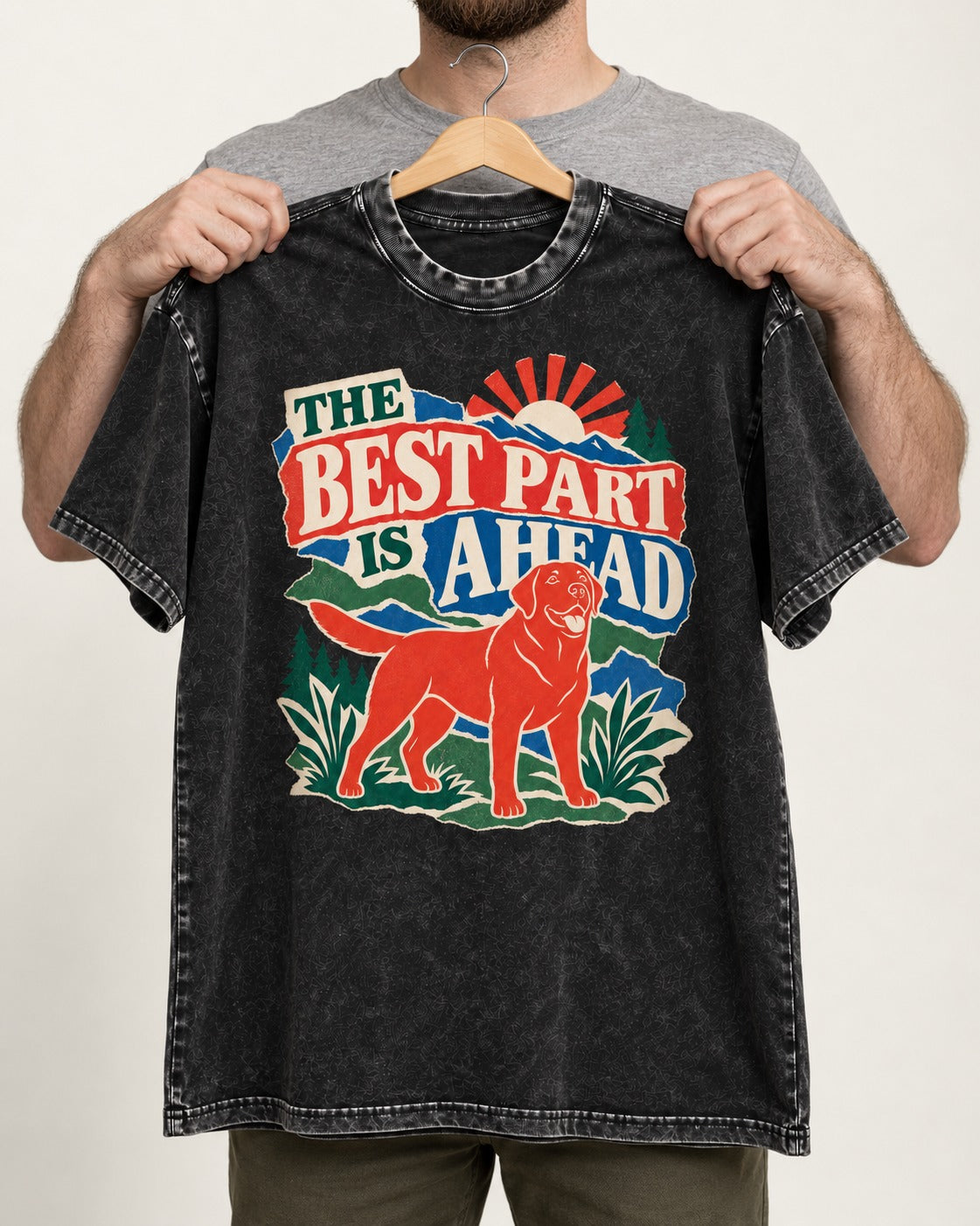 Labrador Retriever The Best Part Is Ahead Outdoor Graphic Washed Tee in Black, held up on a hanger