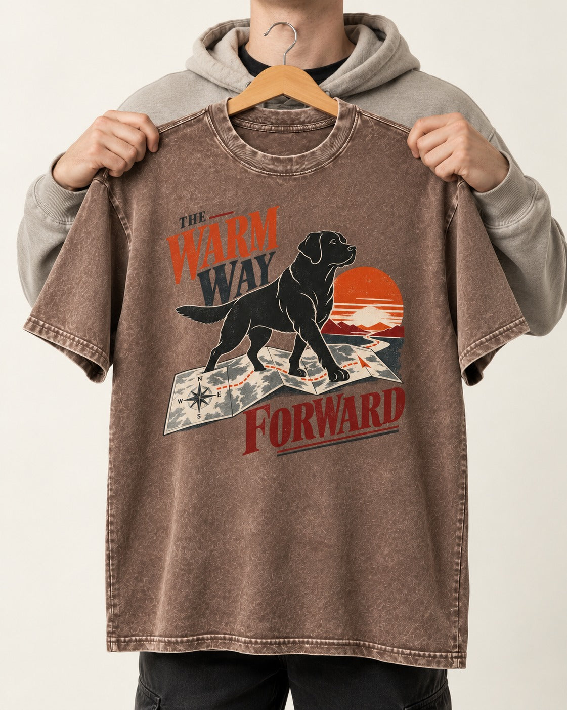 The Warm Way Forward Labrador Retriever Washed Tee in Coffee, held up on a hanger
