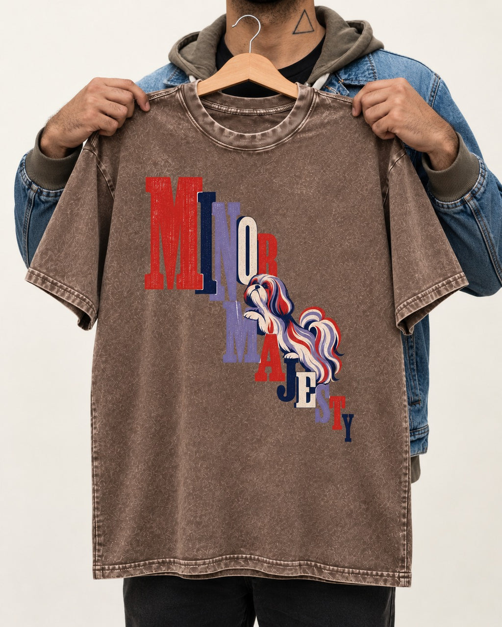Shih Tzu Minor Majesty Washed Tee in Coffee, held up on a hanger