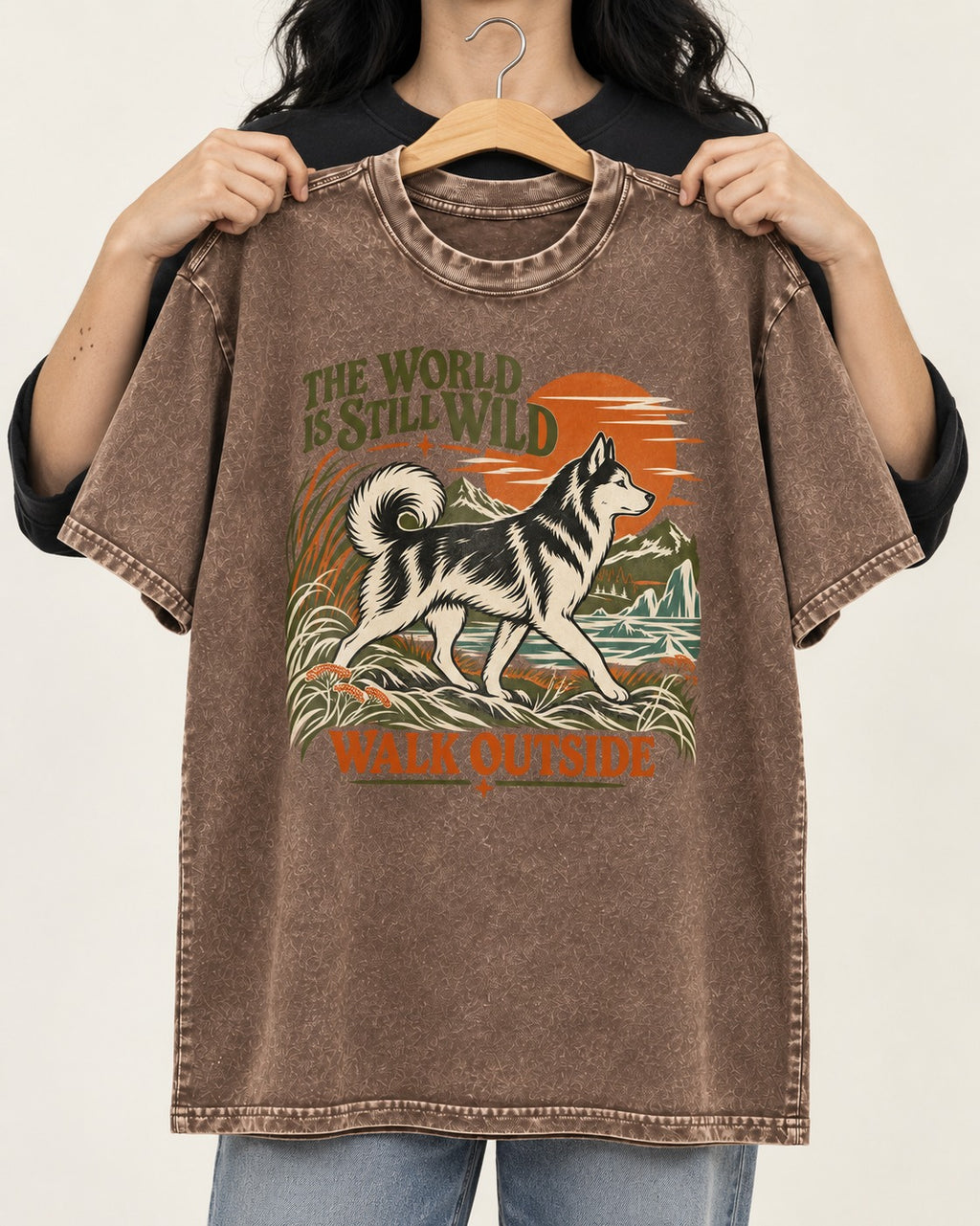 Walk Outside with Husky Washed Tee in Coffee, held up on a hanger