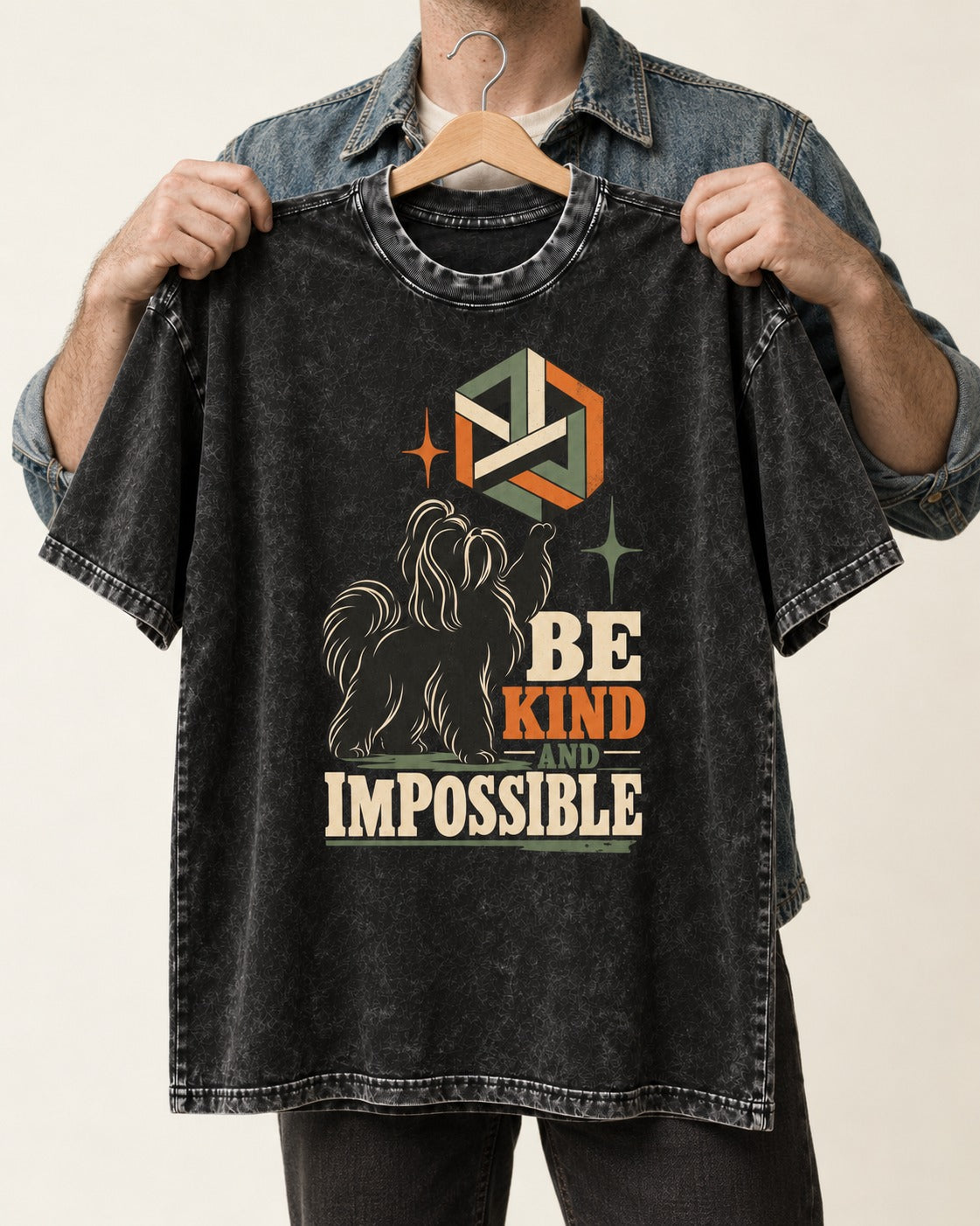Shih Tzu Be Kind and Impossible Geometric Cube Graphic Washed Tee in Black, held up on a hanger