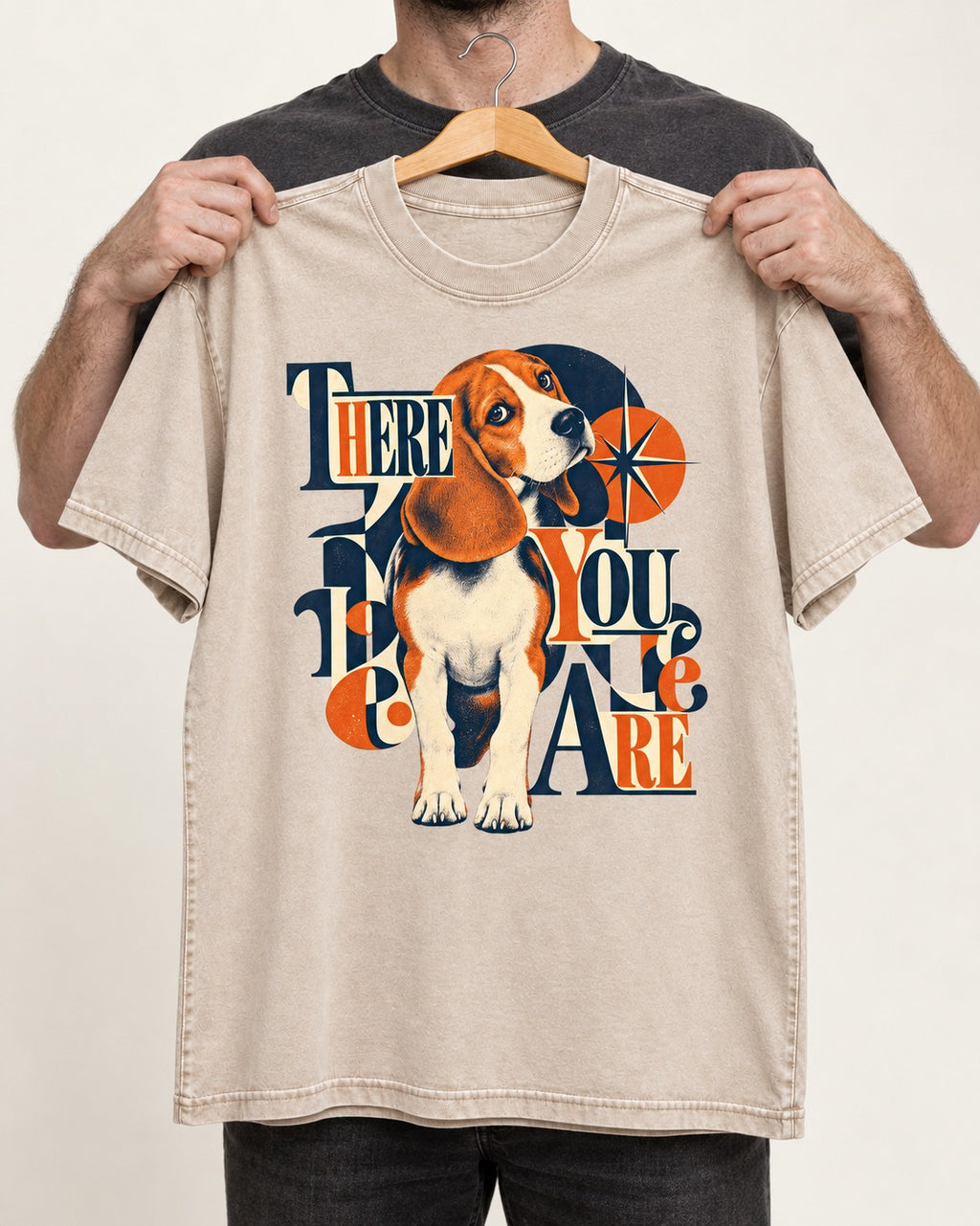 There You Are Beagle Washed Tee in Apricot, held up on a hanger