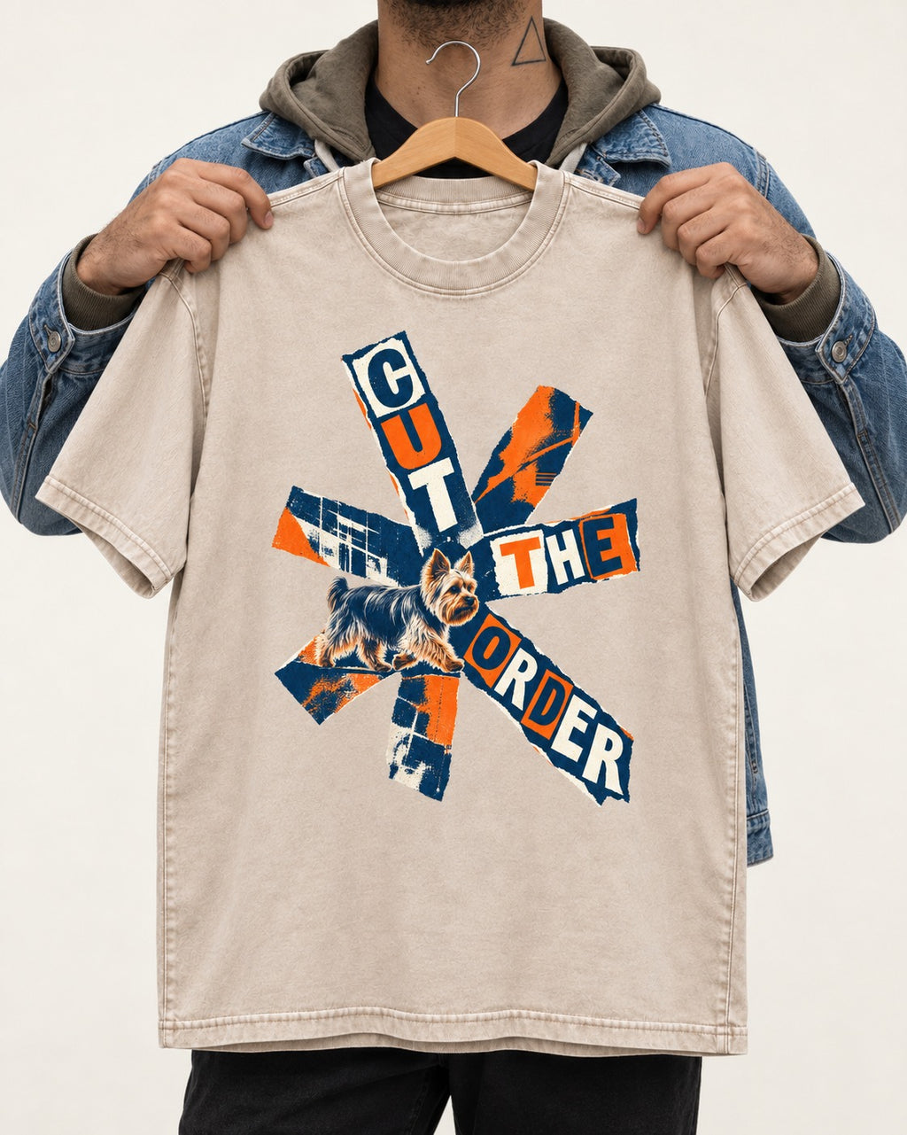Yorkshire Terrier Cut the Order Radial Collage Graphic Washed Tee in Apricot, held up on a hanger