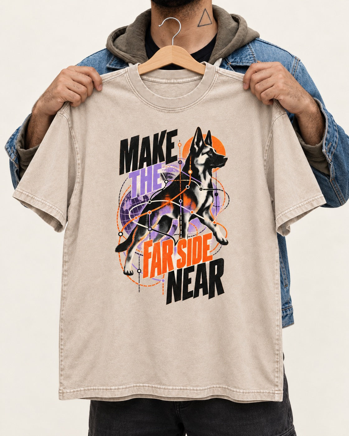 German Shepherd Dog Far Side Near Washed Tee in Apricot, held up on a hanger