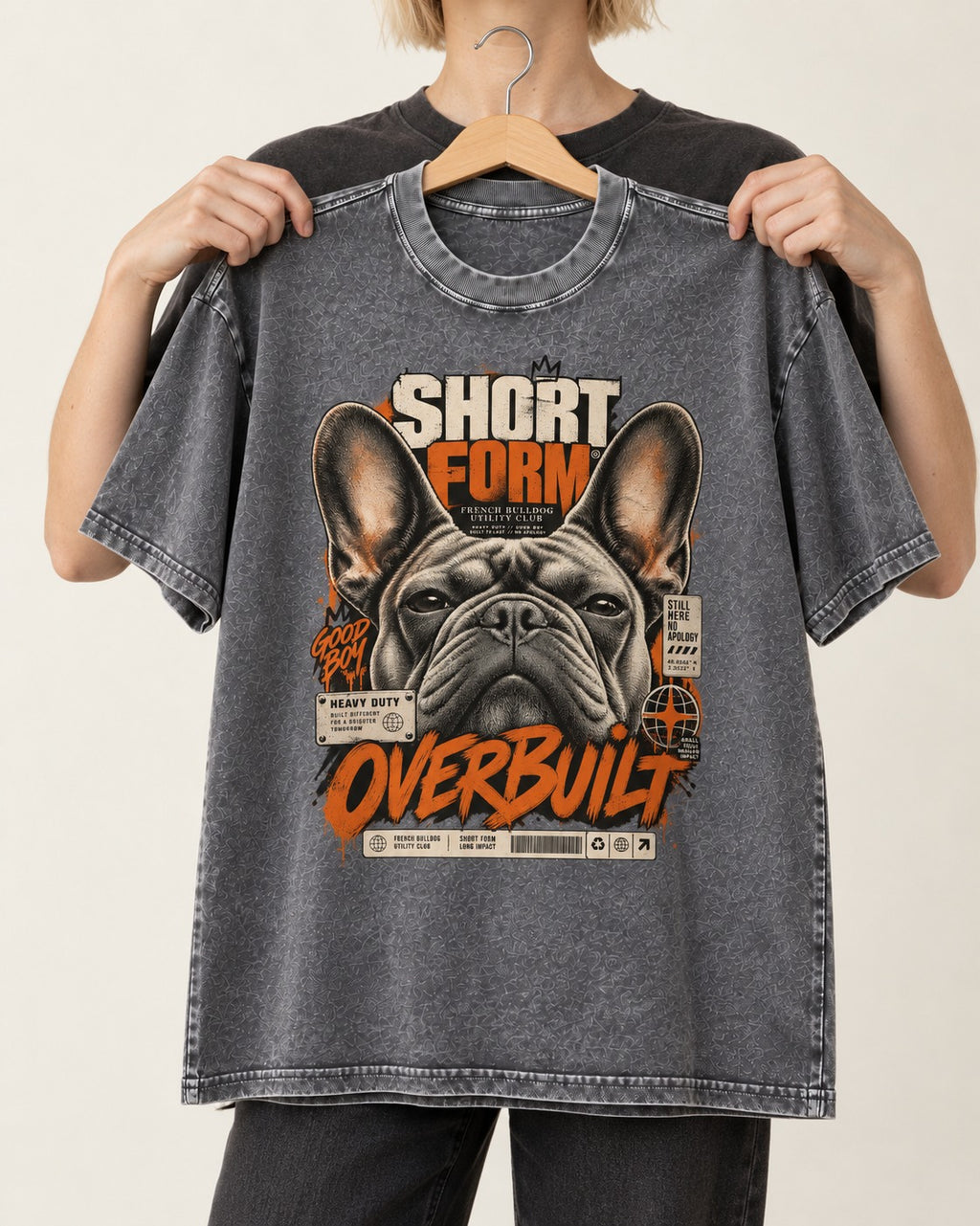 Frenchie Short Form Overbuilt Utility Club Poster Graphic Washed Tee in Gray, held up on a hanger