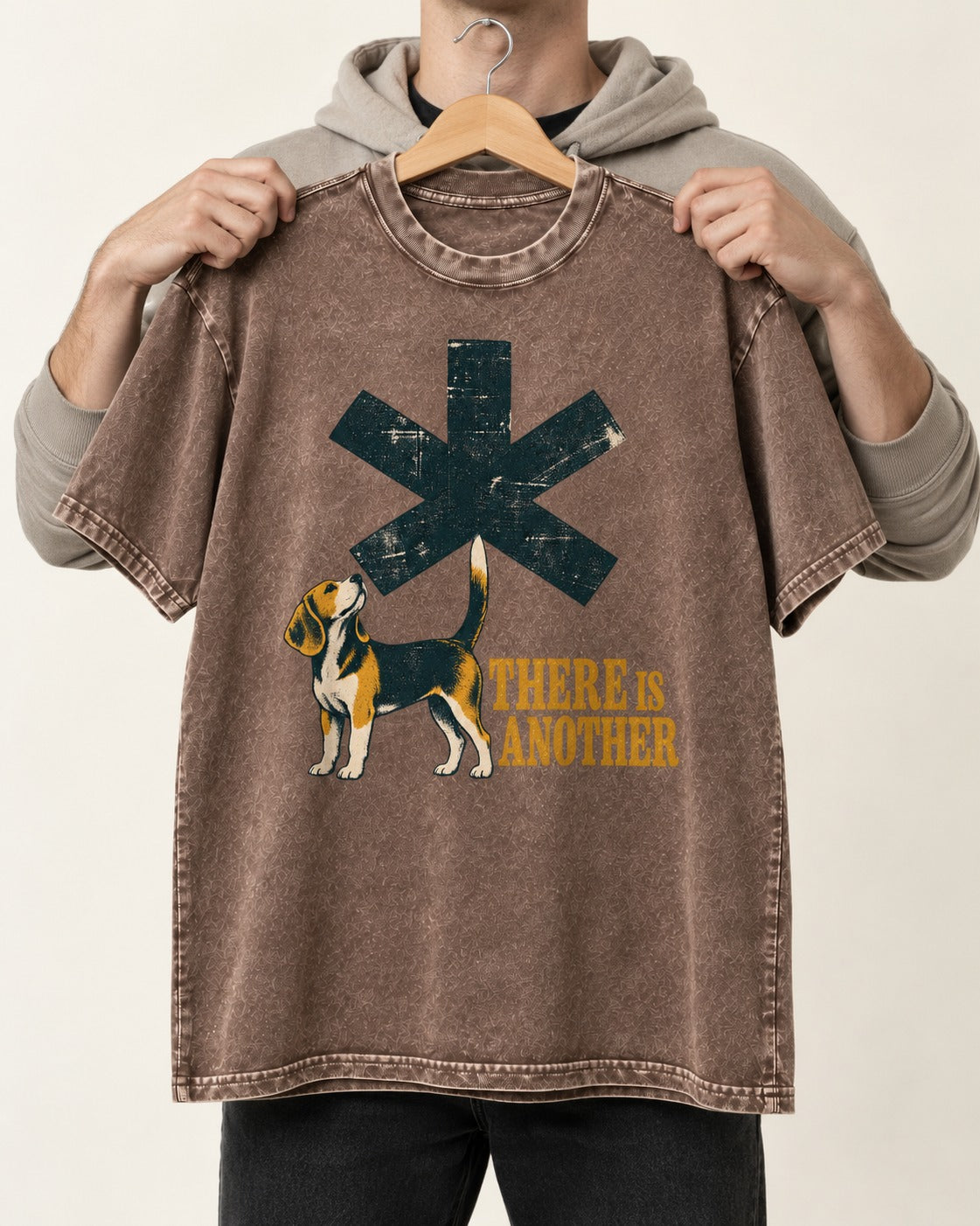 There Is Another Beagle Washed Tee in Coffee, held up on a hanger