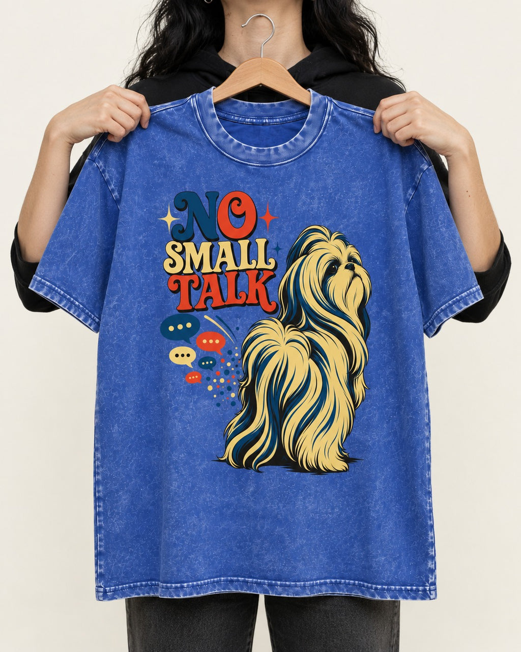 Shih Tzu No Small Talk Speech Bubble Graphic Washed Tee in Royal Blue, held up on a hanger