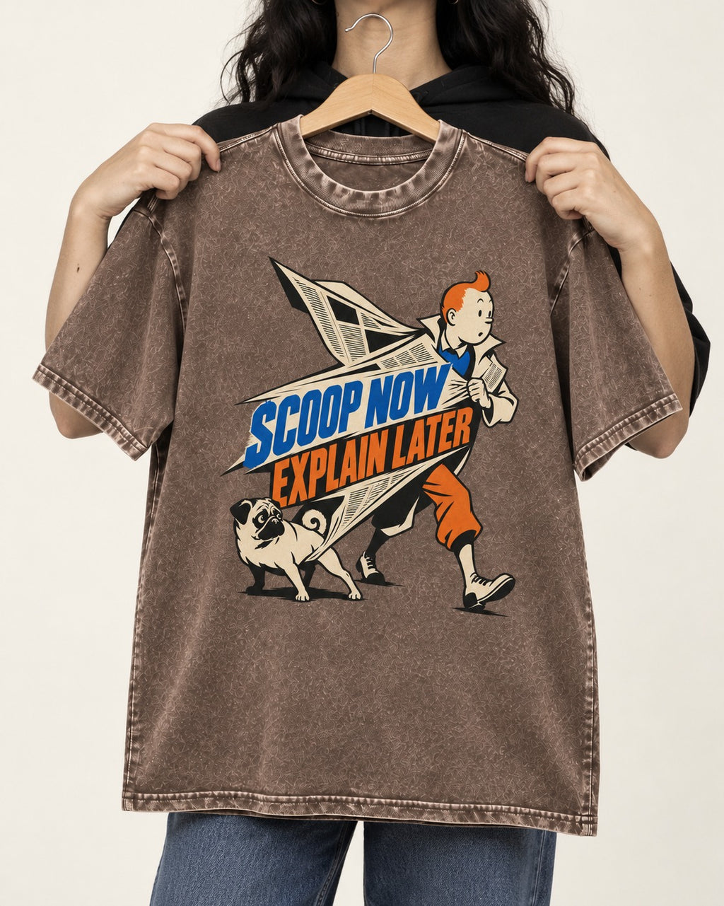 Pug Scoop Now Explain Later Washed Tee in Coffee, held up on a hanger