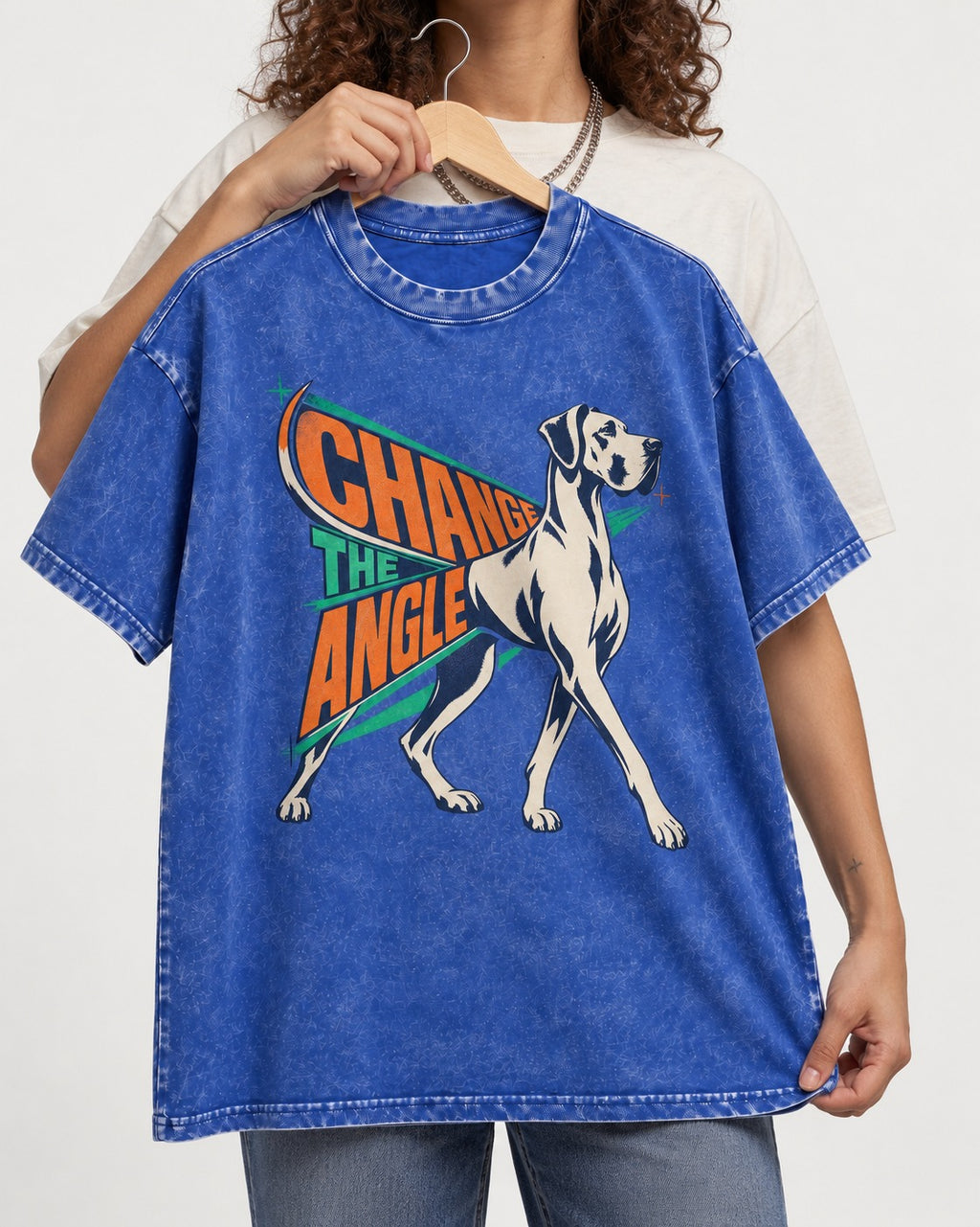 Great Dane Change the Angle Walking Graphic Washed Tee in Royal Blue, held up on a hanger