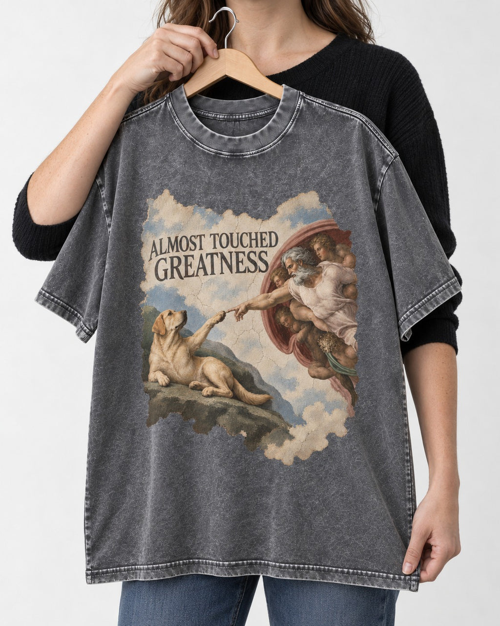Labrador Retriever Almost Touched Greatness Washed Tee in Gray, held up on a hanger