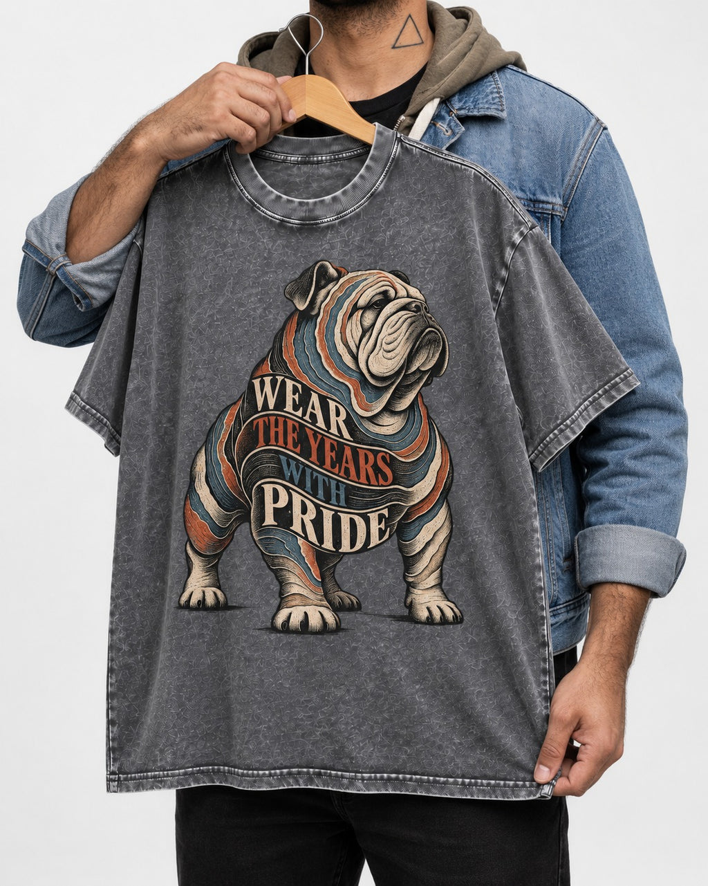 English Bulldog Wear the Years Washed Tee in Gray, held up on a hanger