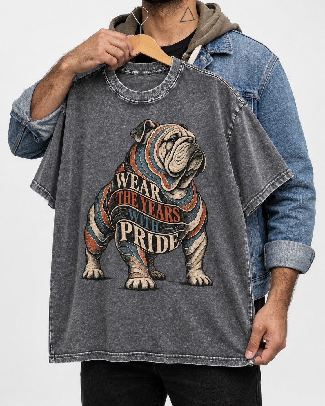 English Bulldog Wear the Years Washed Tee in Gray, held up on a hanger