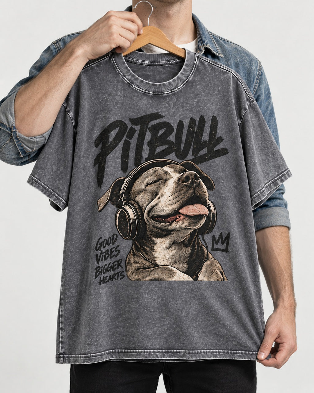 Pitbull Good Vibes Bigger Hearts Washed Tee in Gray, held up on a hanger
