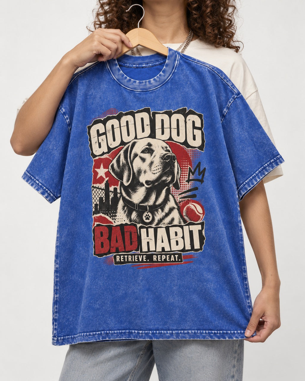 Labrador Retriever Good Dog Bad Habit Poster Graphic Washed Tee in Royal Blue, held up on a hanger