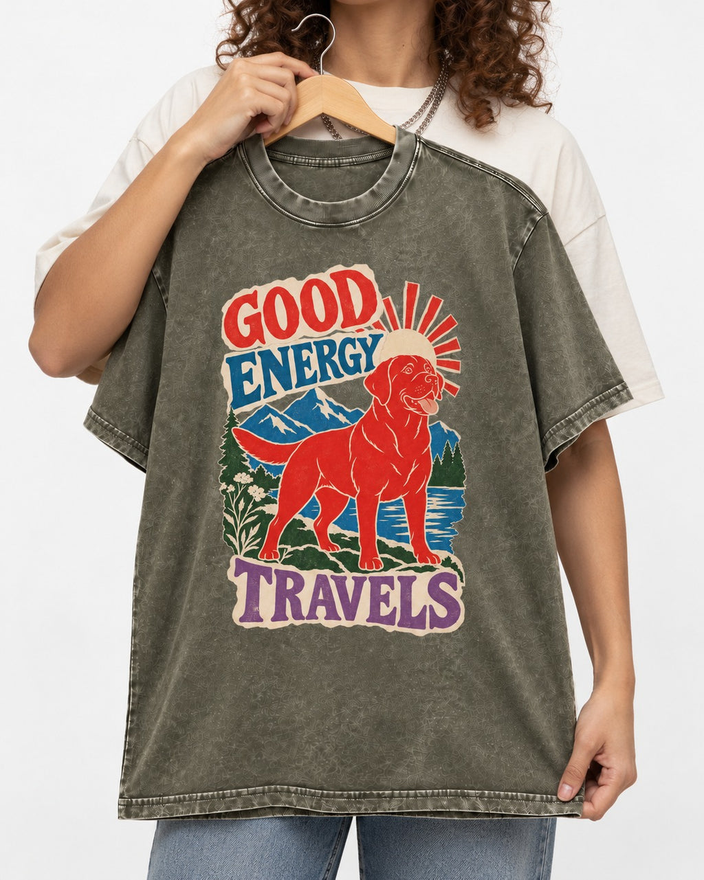 Labrador Retriever Good Energy Travels Adventure Graphic Washed Tee in Army Green, held up on a hanger