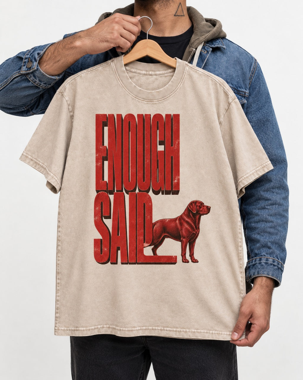 Labrador Retriever Enough Said Standing Typography Graphic Washed Tee in Apricot, held up on a hanger