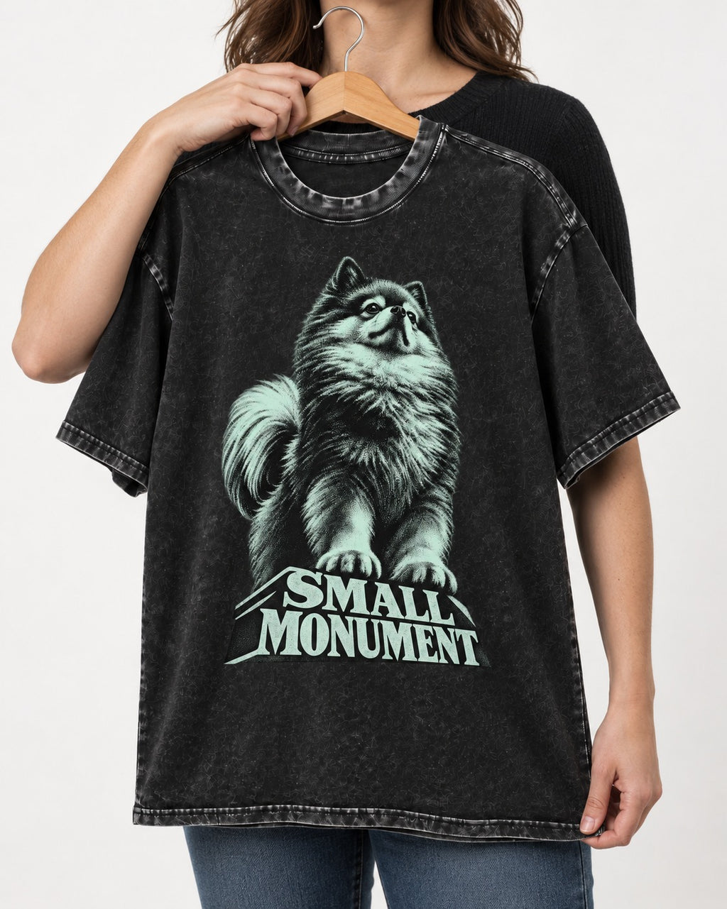 Pomeranian Small Monument Pedestal Graphic Washed Tee in Black, held up on a hanger