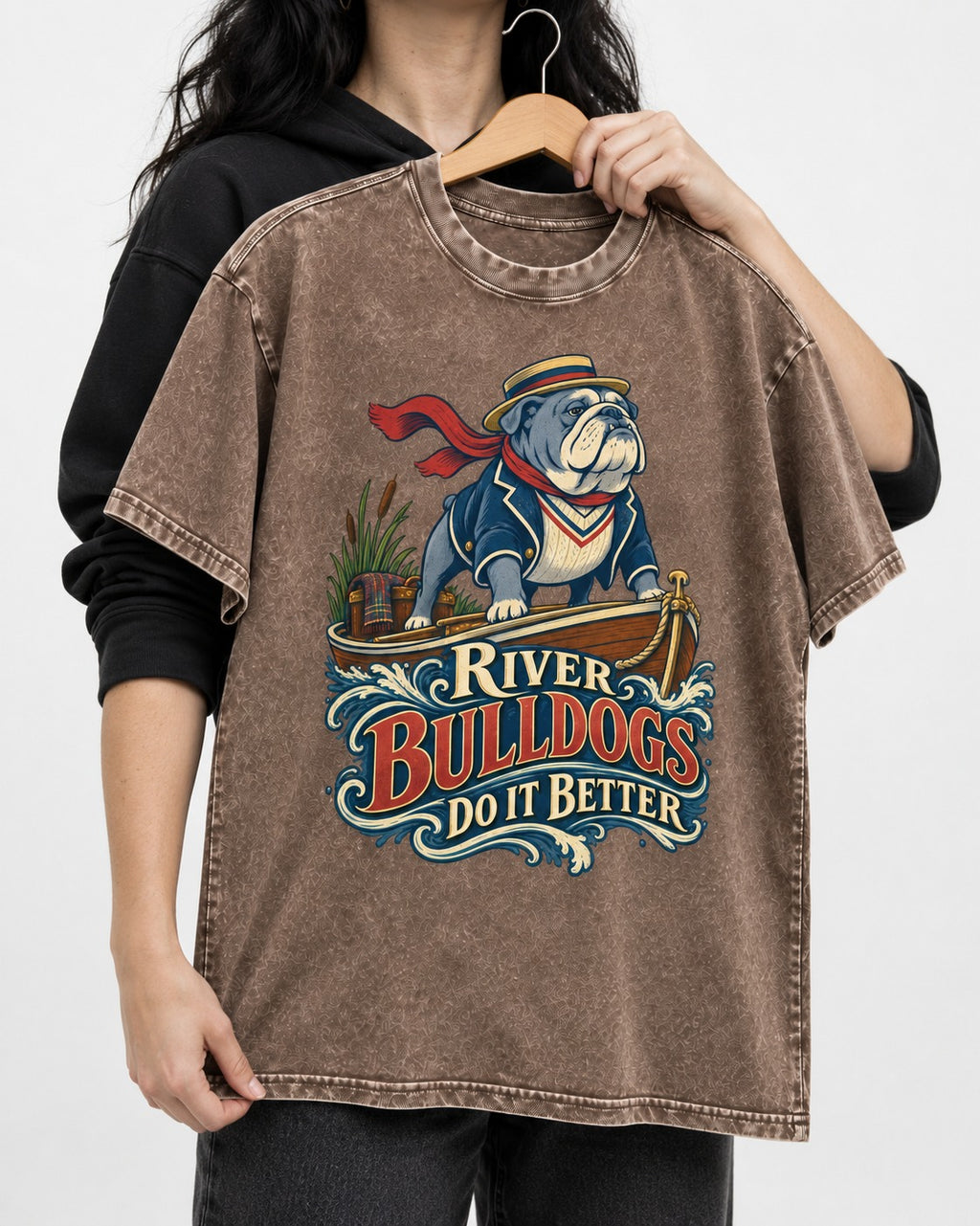 River English Bulldog Does It Better Washed Tee in Coffee, held up on a hanger