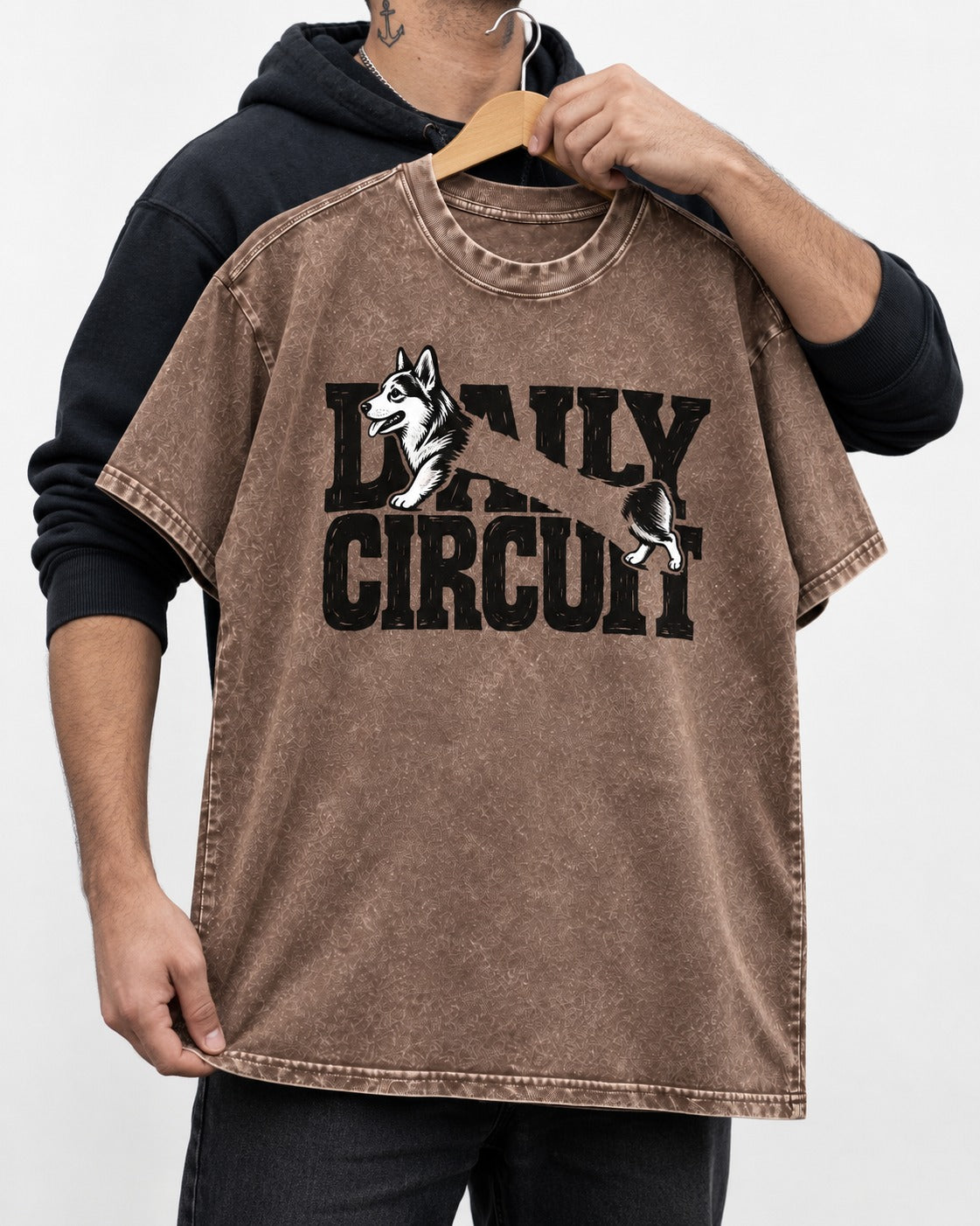 Daily Corgi Circuit Washed Tee in Coffee, held up on a hanger