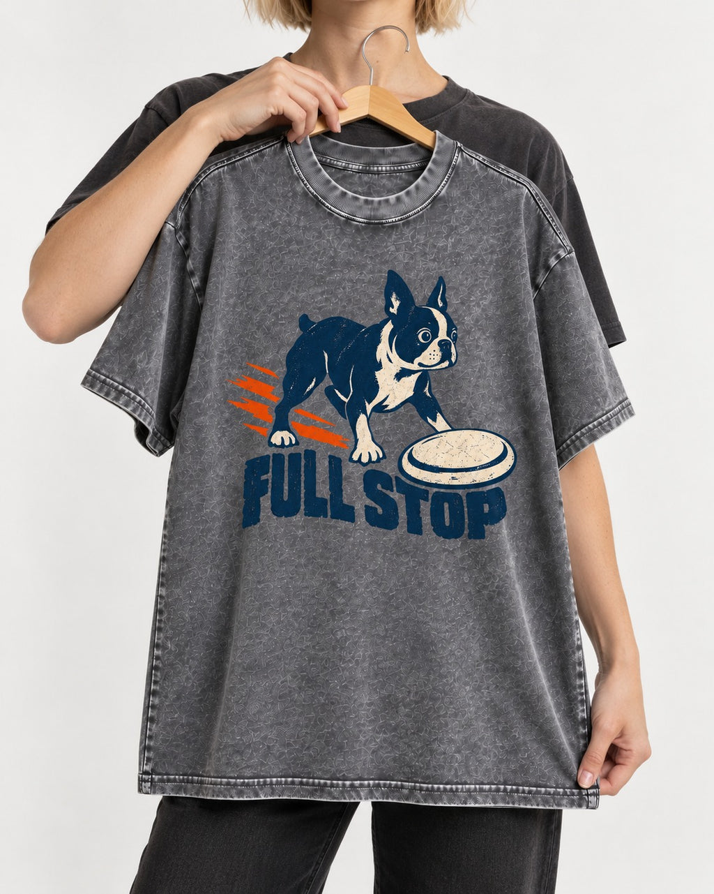 Boston Terrier Full Stop Washed Tee in Gray, held up on a hanger
