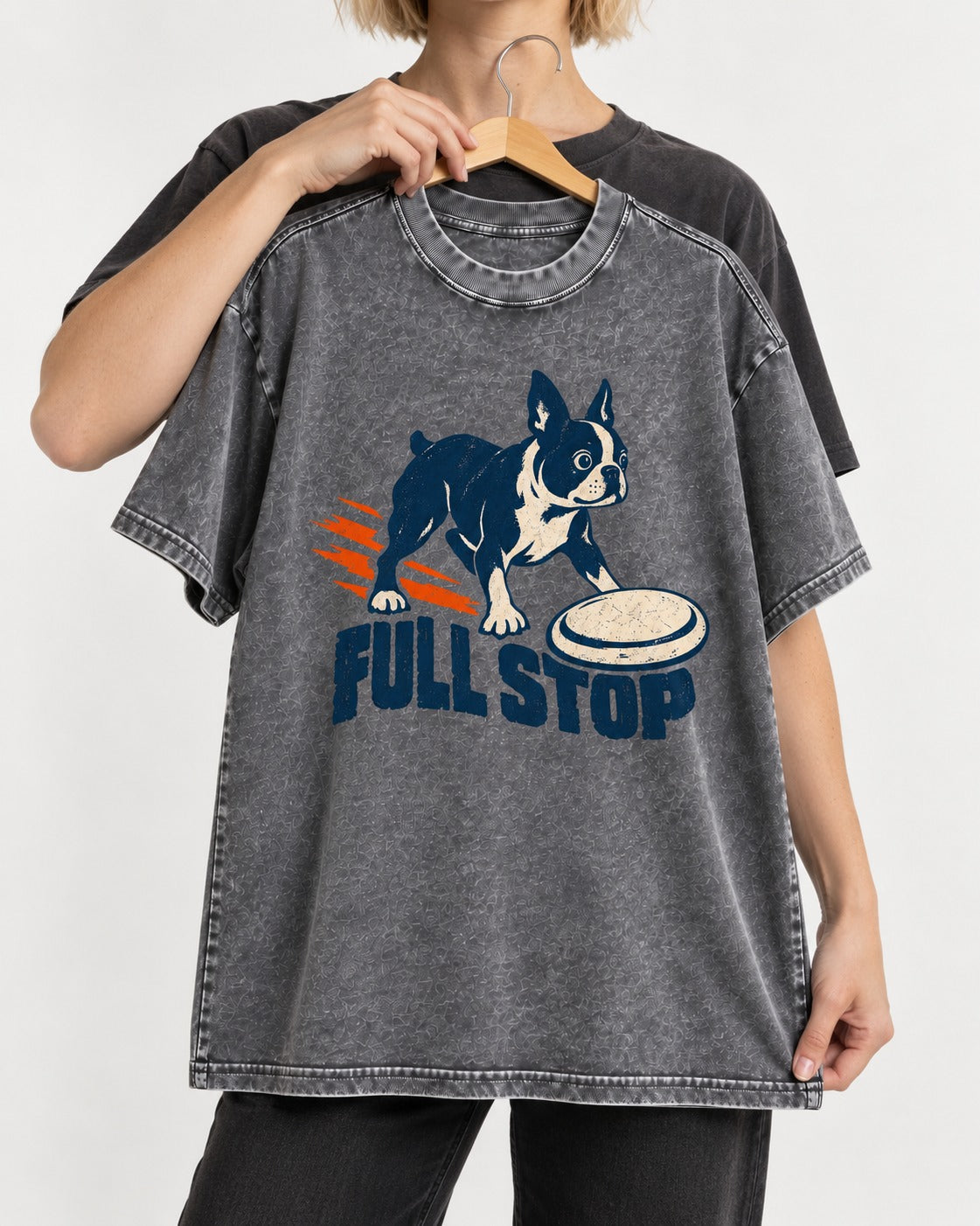 Boston Terrier Full Stop Washed Tee in Gray, held up on a hanger
