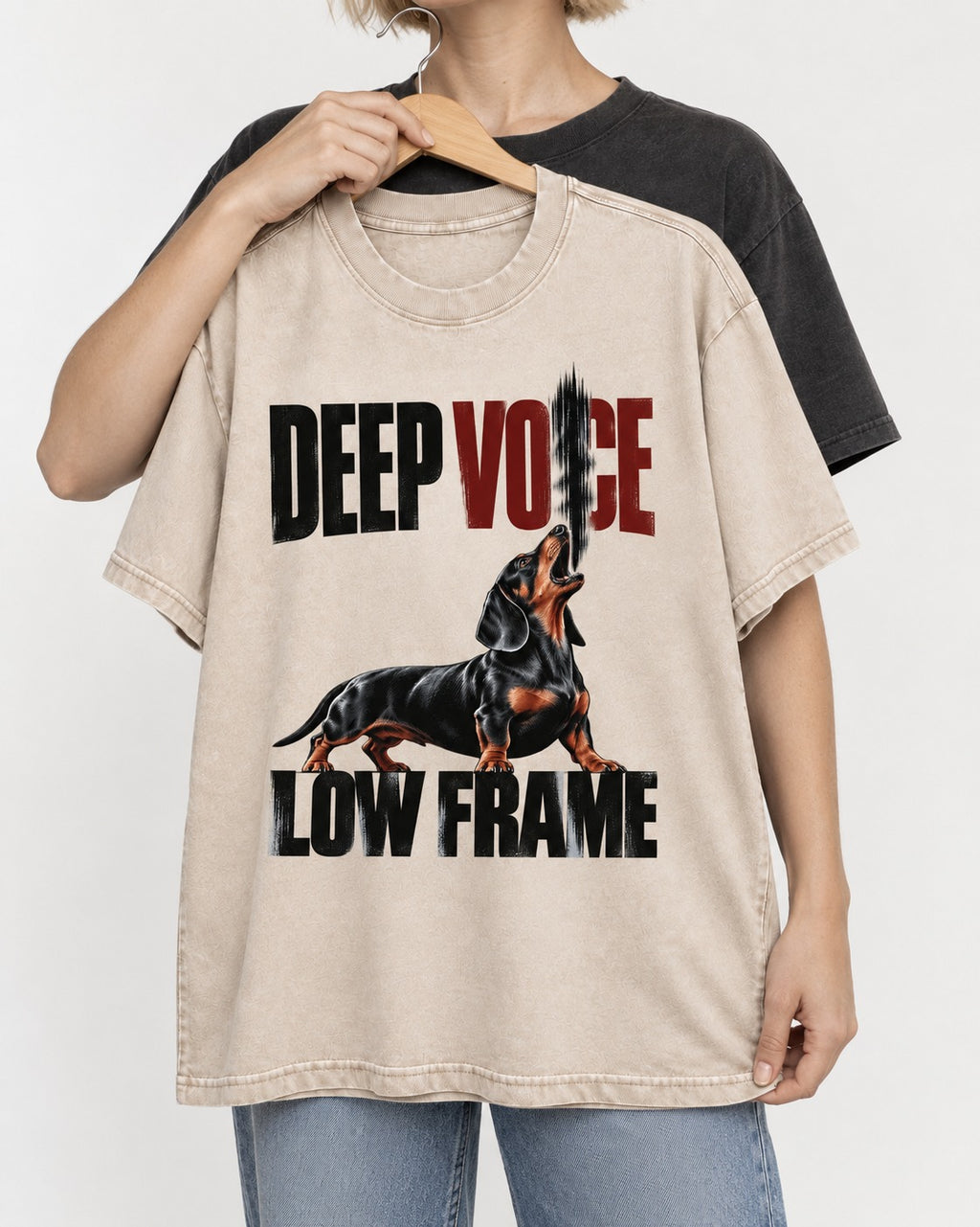Deep Voice Low Frame Dachshund Washed Tee in Apricot, held up on a hanger