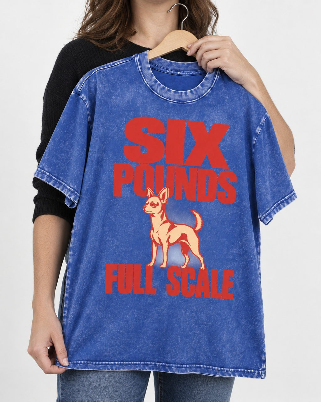 Chihuahua Six Pounds Full Scale Typographic Graphic Washed Tee in Royal Blue, held up on a hanger