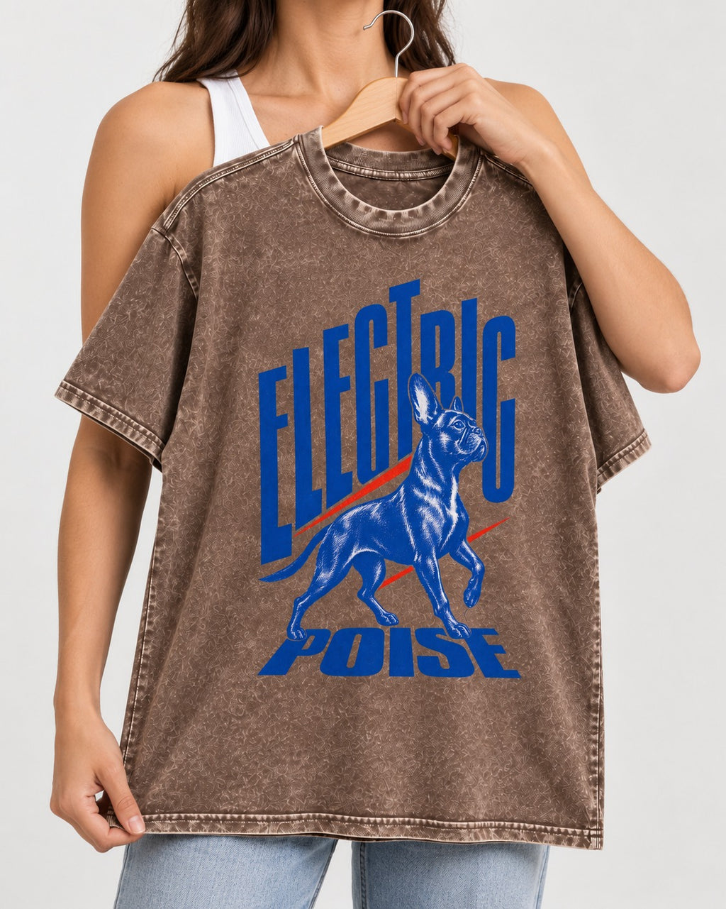Boston Terrier Electric Poise Washed Tee in Coffee, held up on a hanger