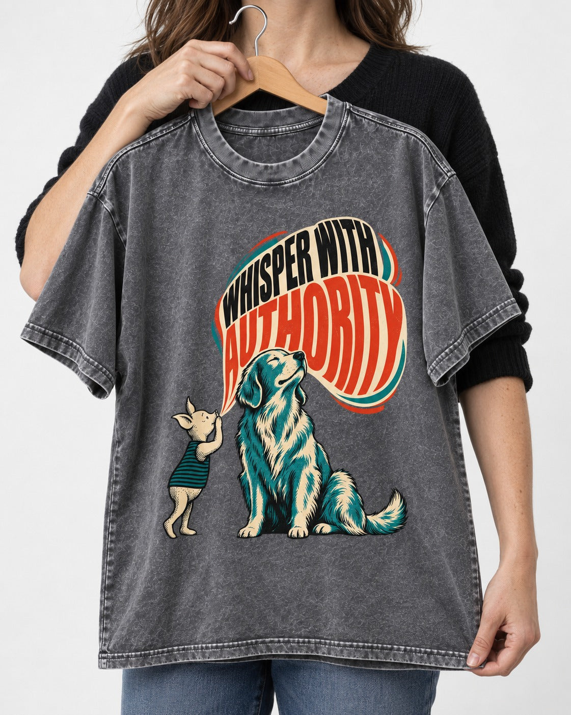 Golden Retriever Whisper with Authority Washed Tee in Gray, held up on a hanger