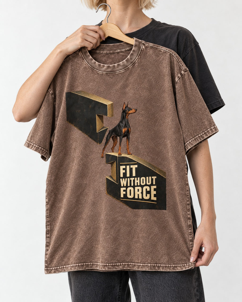 Doberman Fit Without Force Washed Tee in Coffee, held up on a hanger