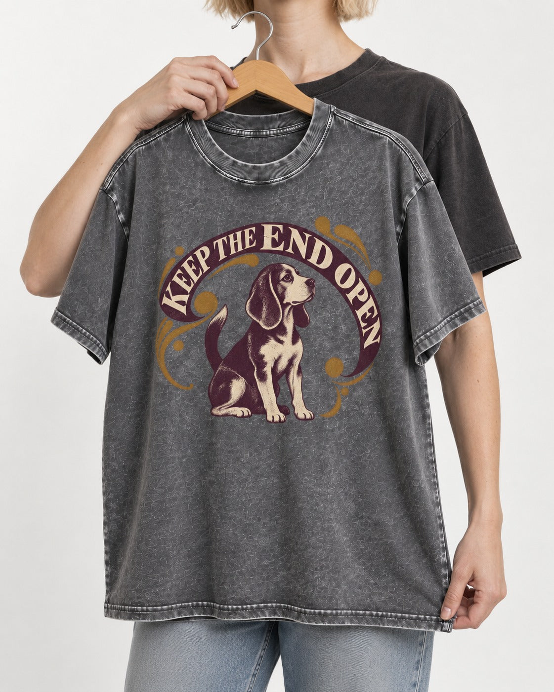 Beagle Keep The End Open Ornamental Graphic Washed Tee in Gray, held up on a hanger
