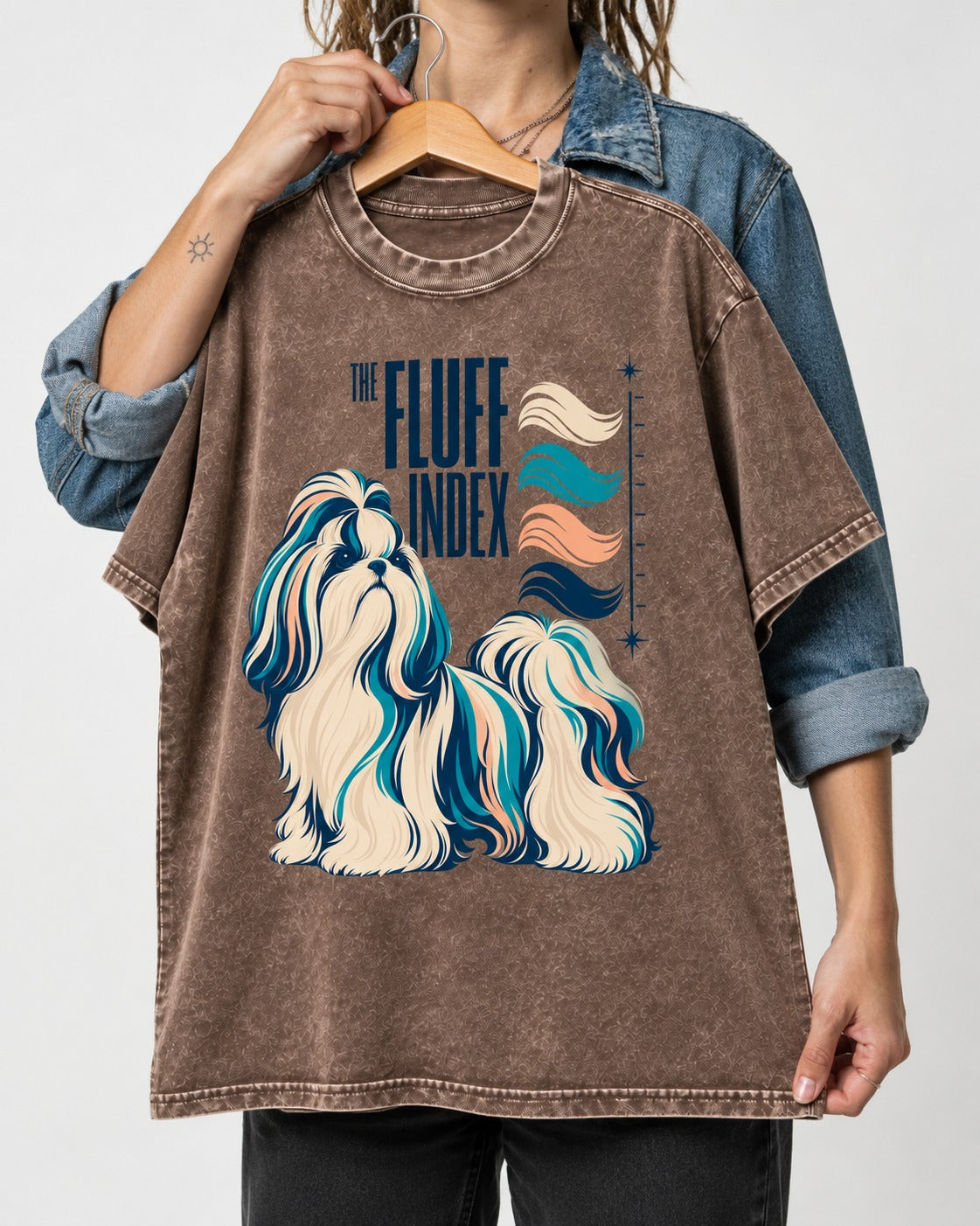 Shih Tzu The Fluff Index Coat Color Chart Graphic Washed Tee in Coffee, held up on a hanger