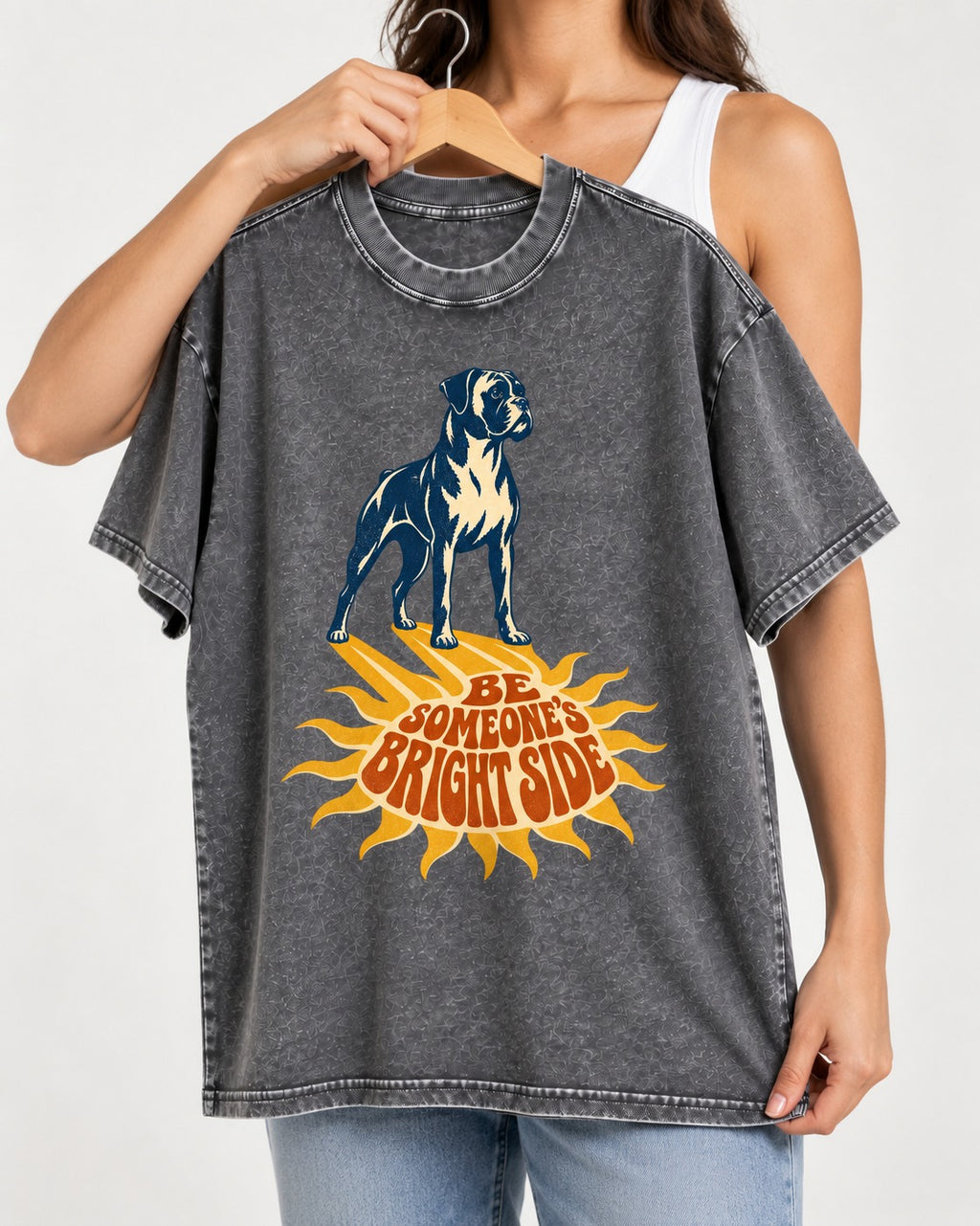 Boxer Be Someone's Bright Side Washed Tee in Gray, held up on a hanger