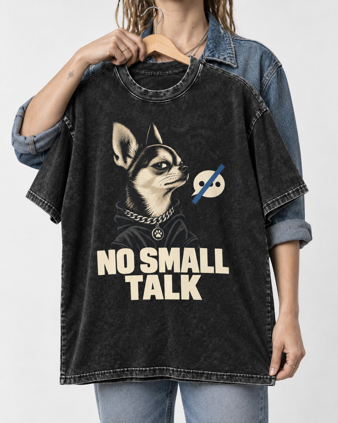 Chihuahua No Small Talk Speech-Off Portrait Graphic Washed Tee in Black, held up on a hanger