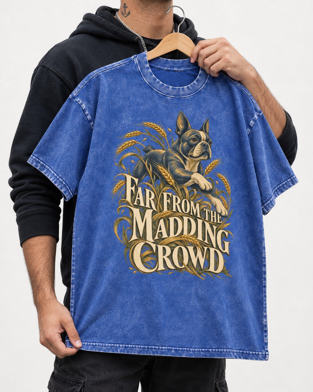 Far From the Madding Crowd Boston Terrier Washed Tee in Royal Blue, held up on a hanger