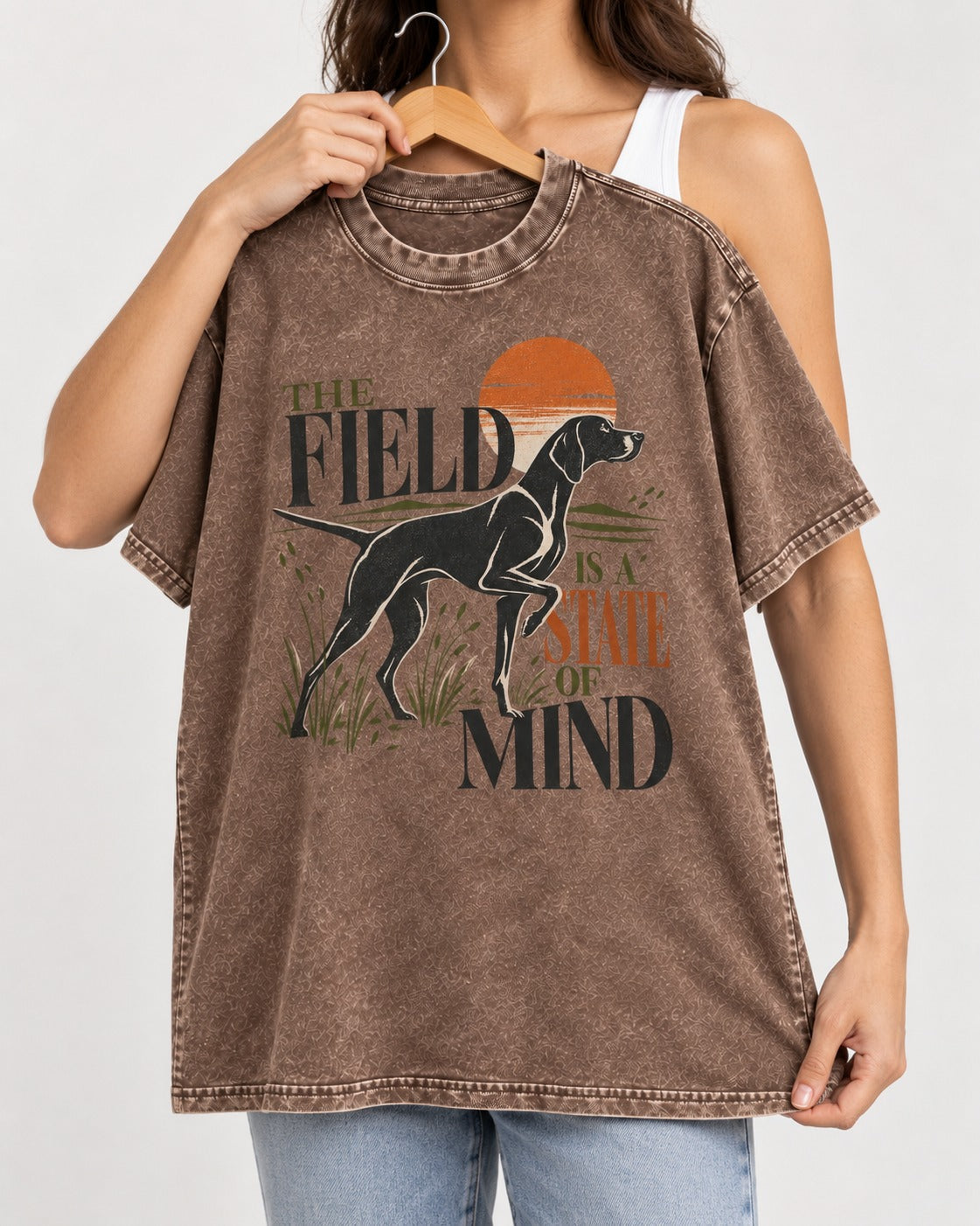German Shorthaired Pointer Field State of Mind Washed Tee in Coffee, held up on a hanger
