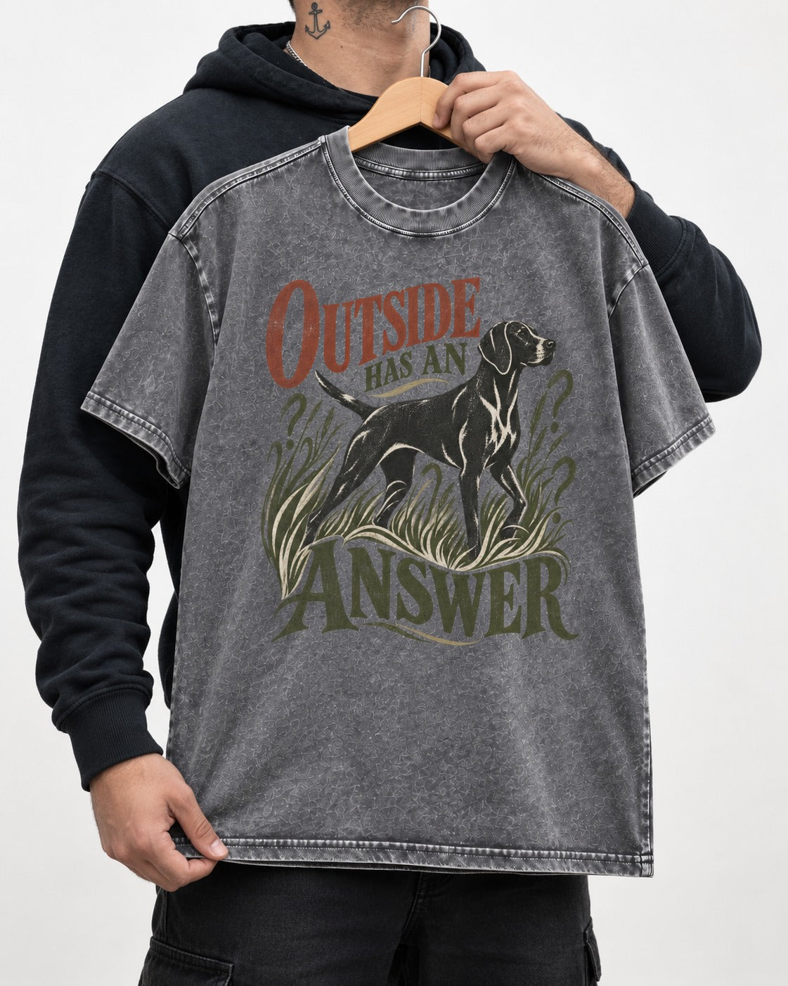 Outside Has an Answer German Shorthaired Pointer Washed Tee in Gray, held up on a hanger