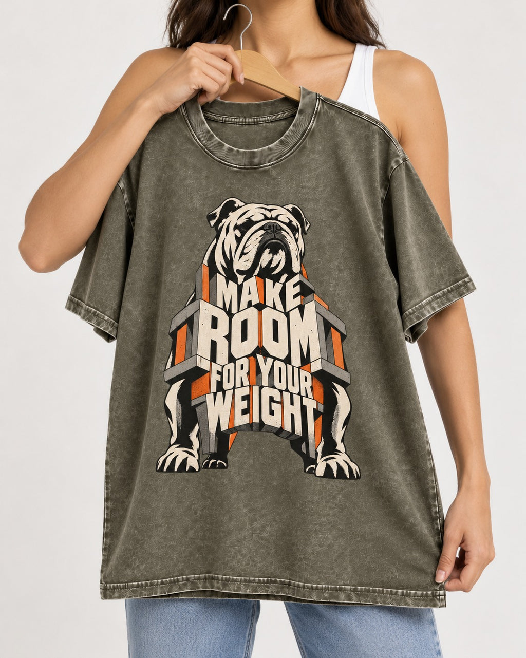 English Bulldog Make Room for Your Weight Dimensional Typography Washed Tee in Army Green, held up on a hanger
