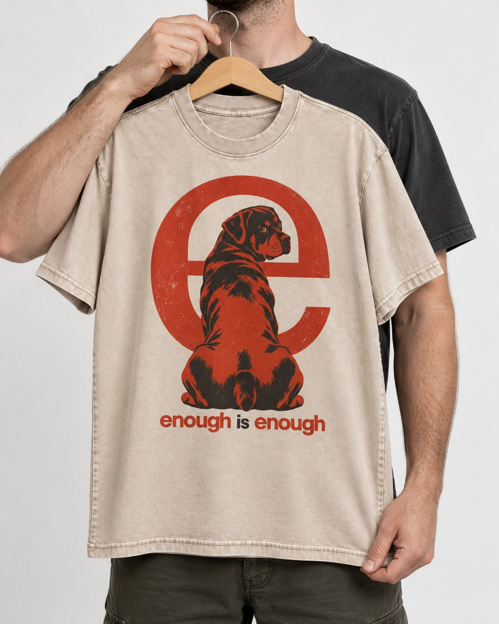Rottweiler Enough Is Enough Washed Tee in Apricot, held up on a hanger