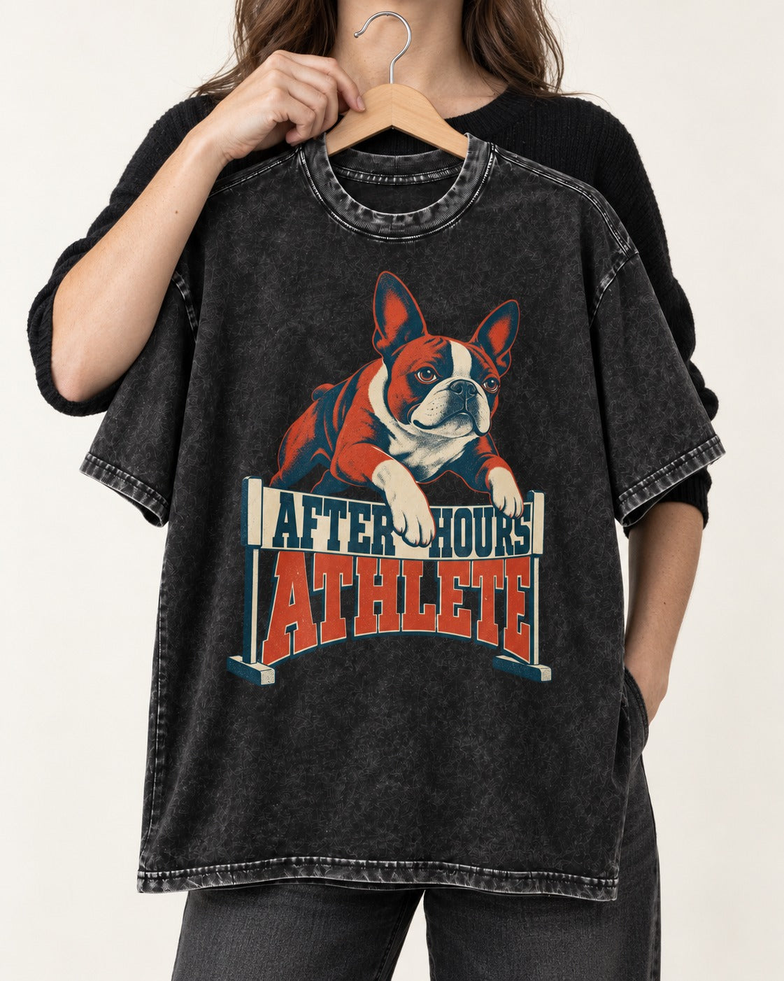 After Hours Athlete Boston Terrier Washed Tee in Black, held up on a hanger
