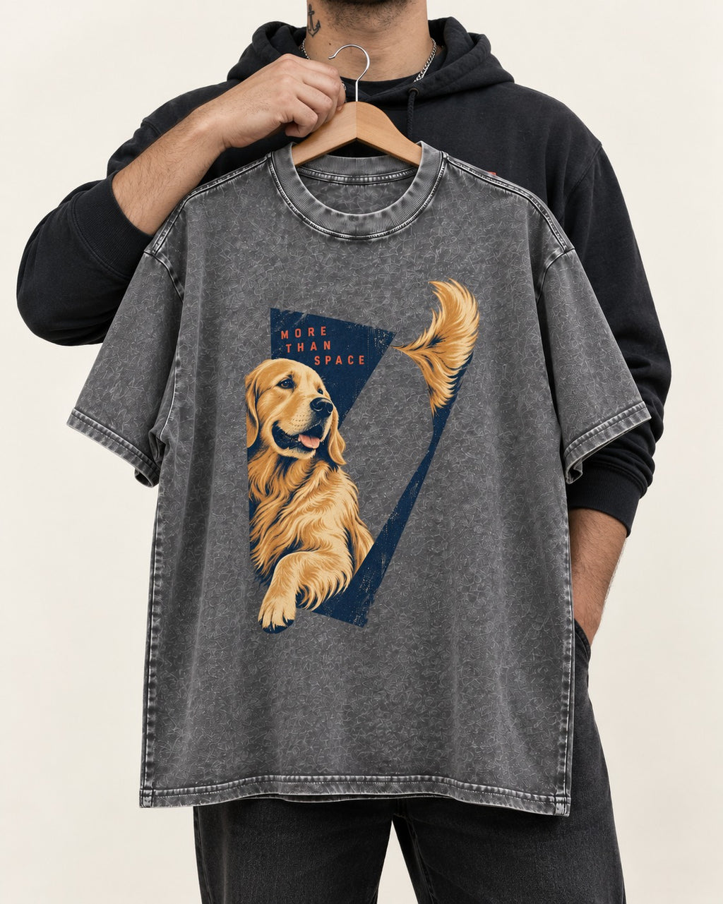 Golden Retriever More Than Space Washed Tee in Gray, held up on a hanger