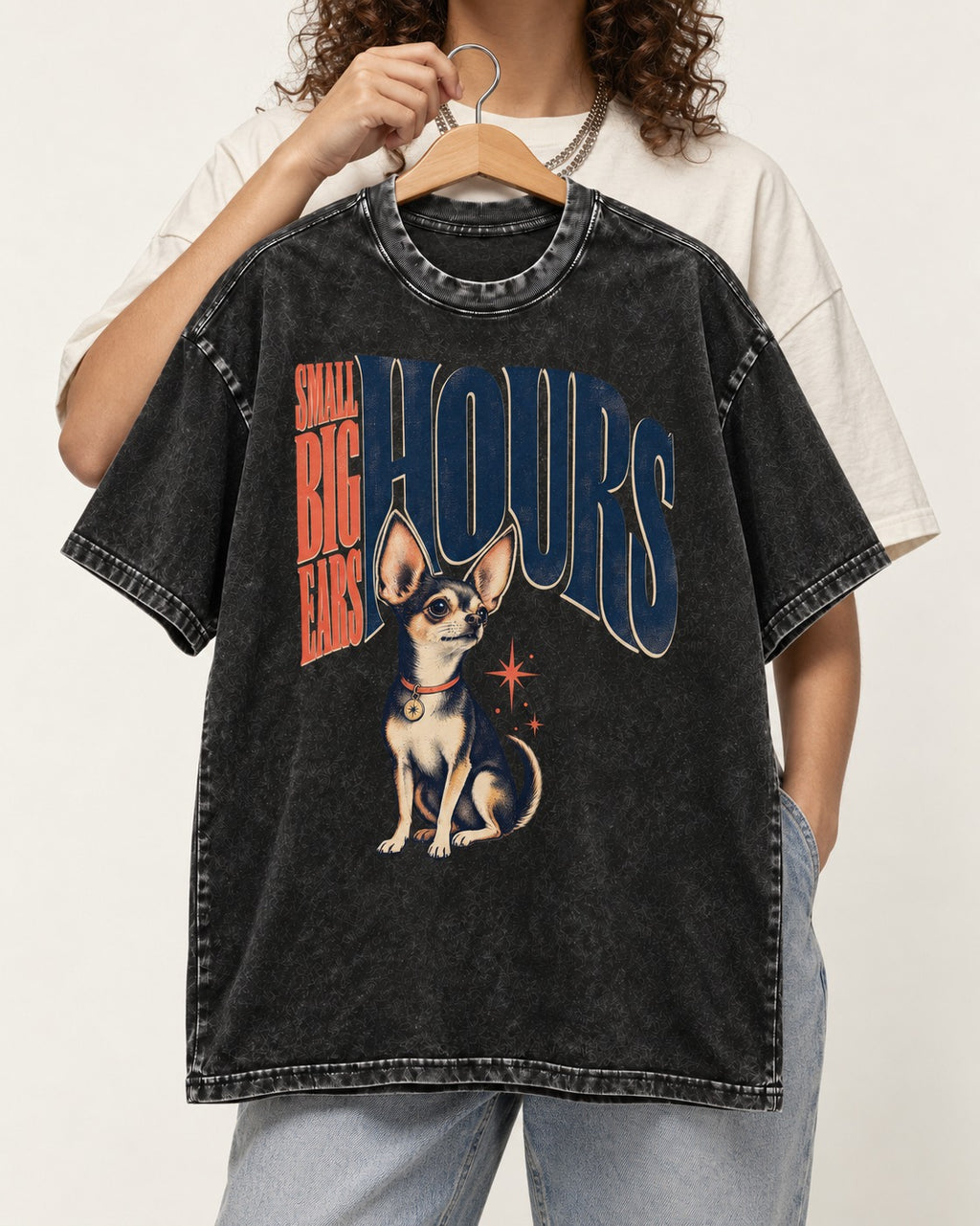 Chihuahua Small Big Ears Hours Washed Tee in Black, held up on a hanger