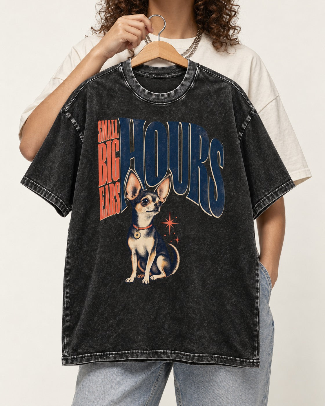 Chihuahua Small Big Ears Hours Washed Tee in Black, held up on a hanger