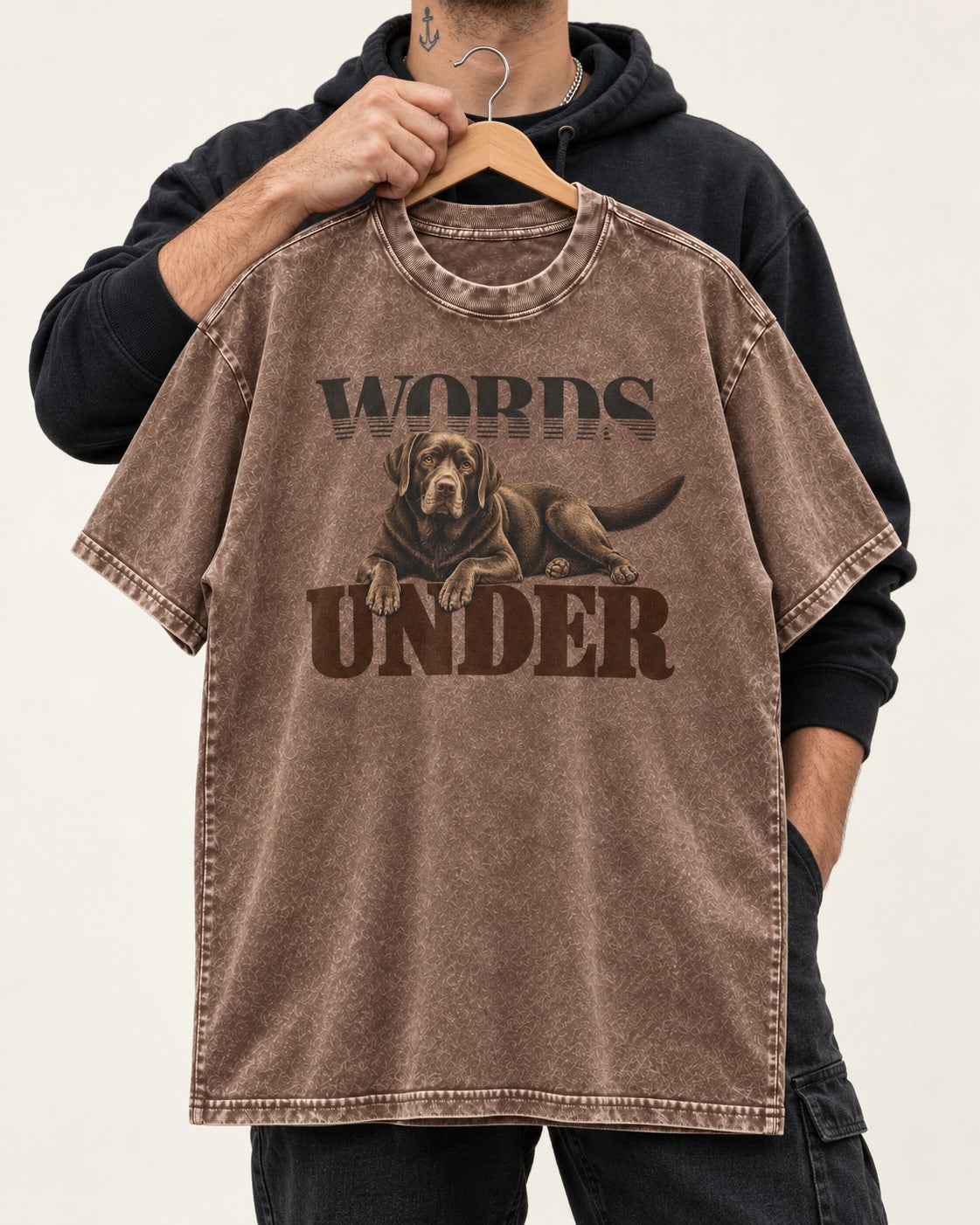 Words Under Labrador Retriever Washed Tee in Coffee, held up on a hanger