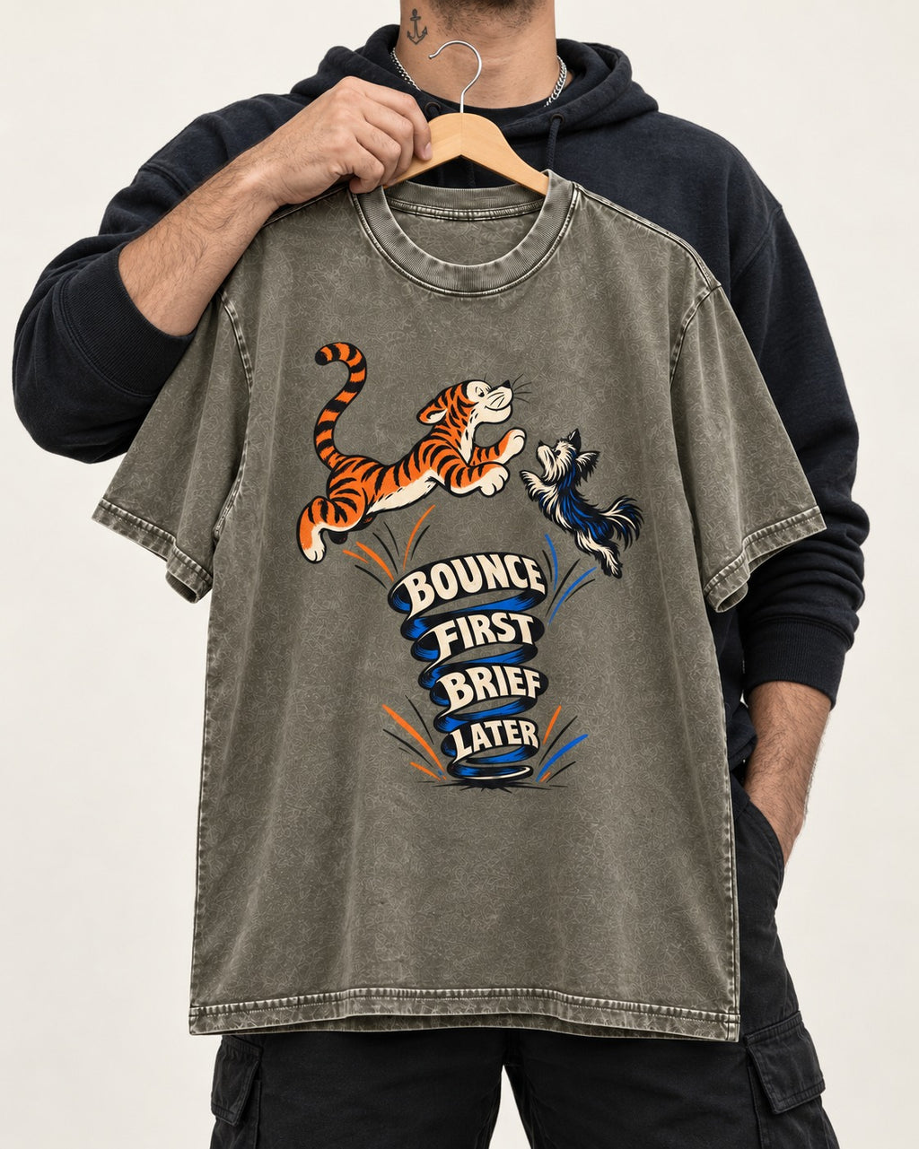 Yorkshire Terrier Bounce First Brief Later Tiger Graphic Washed Tee in Army Green, held up on a hanger
