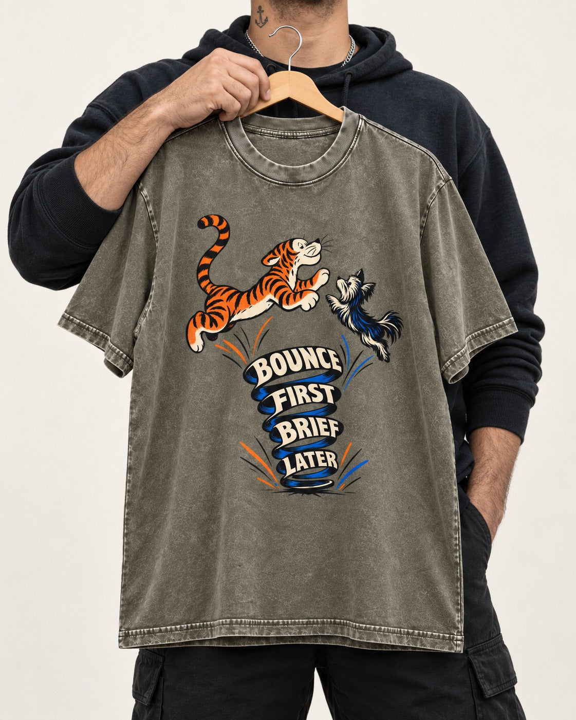 Yorkshire Terrier Bounce First Brief Later Tiger Graphic Washed Tee in Army Green, held up on a hanger