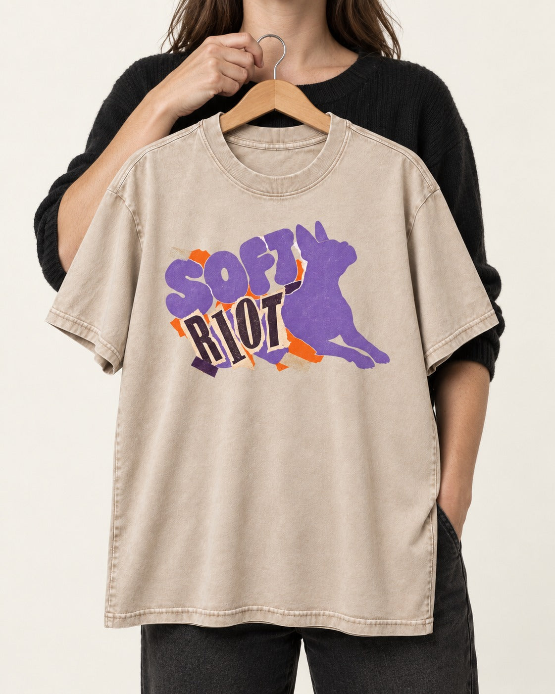 Soft Riot Boston Terrier Graphic Washed Tee in Apricot, held up on a hanger